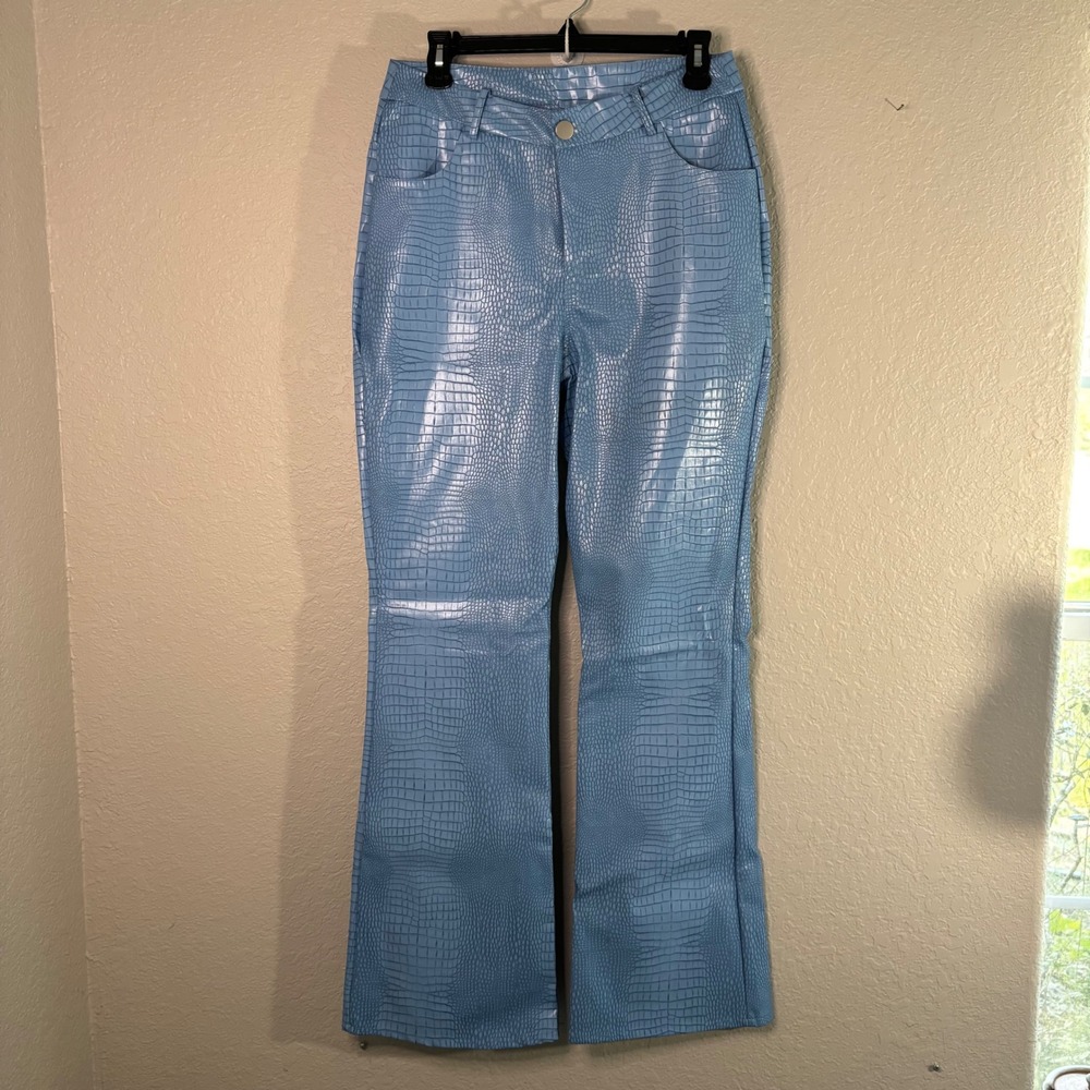 Princess Polly Blue Croc Embossed Faux Leather Pants High Waisted Size 6